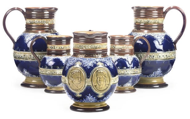 FIVE DOULTON LAMBETH STONEWARE COMMEMORATIVE DIAMOND JUBILEE JUGS