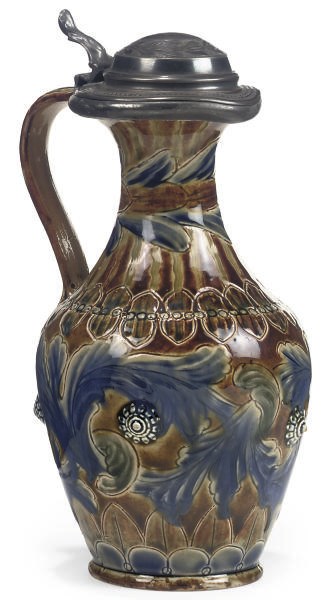 A DOULTON LAMBETH STONEWARE PEWTER-MOUNTED JUG