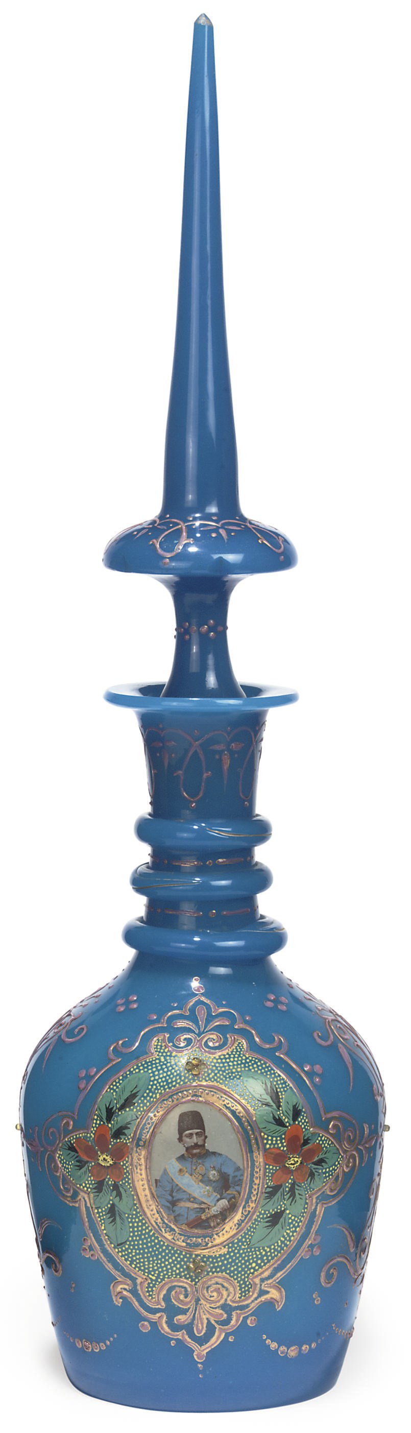 A BOHEMIAN BLUE GLASS DECANTER AND STOPPER