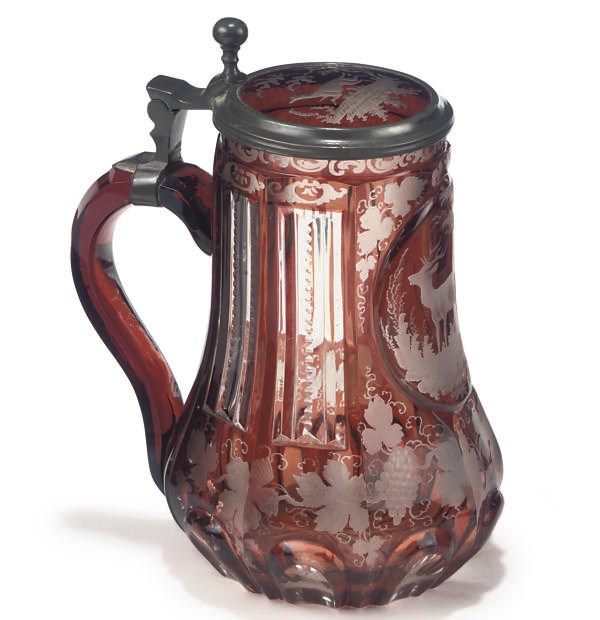 A BOHEMIAN GLASS PEWTER-MOUNTED TANKARD AND HINGED COVER