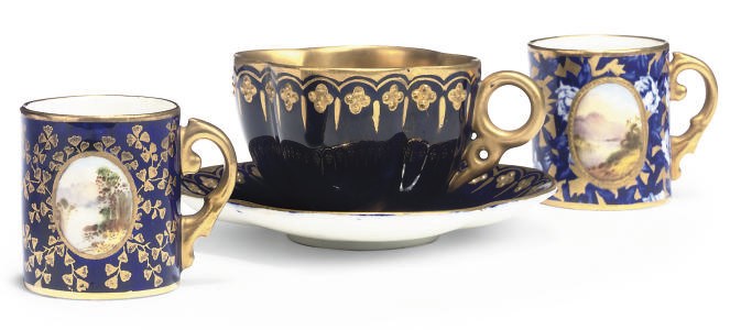 A COALPORT DARK-BLUE-GROUND QUATREFOIL SMALL CUP AND SAUCER AND TWO SMALL MUGS