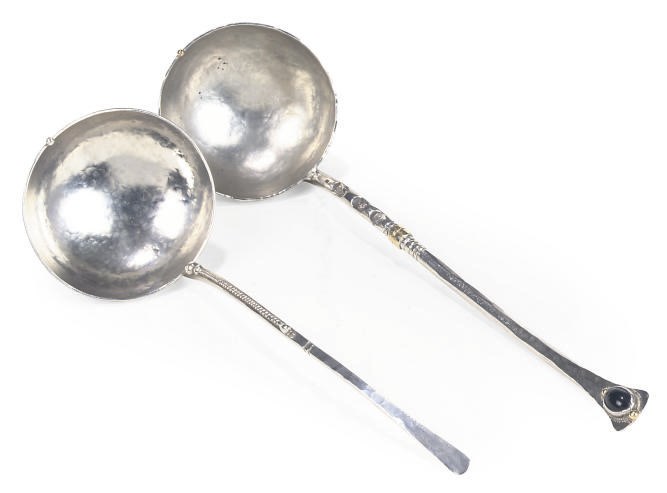 TWO MODERN SILVER SOUP LADLES