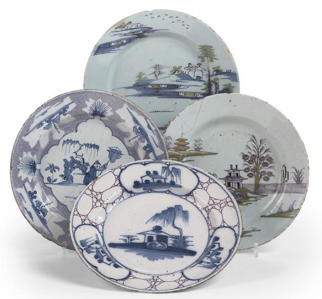 FOUR ENGLISH DELFT POLYCHROME PLATES