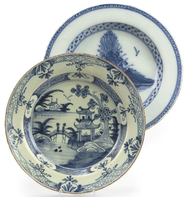 TWO ENGLISH DELFT BLUE AND WHITE DISHES