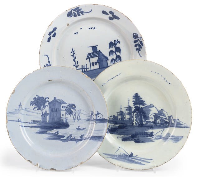 THREE ENGLISH DELFT BLUE AND WHITE PLATES
