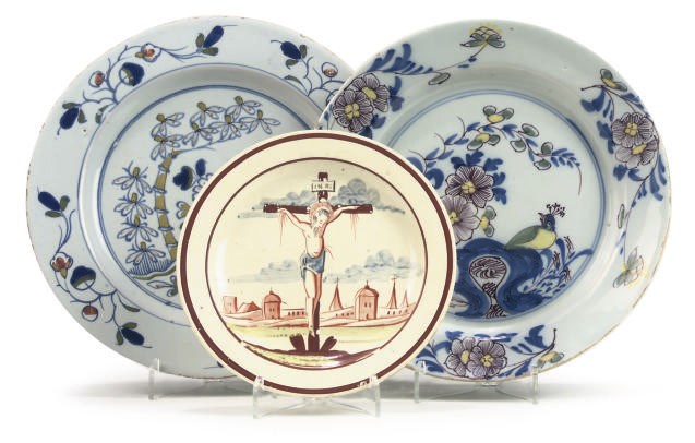 TWO ENGLISH DELFT POLYCHROME PLATES AND A SMALL CREAMWARE PLATE