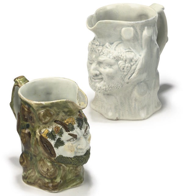 TWO SHORTHOSE & CO. PEARLWARE SATYR MASK JUGS