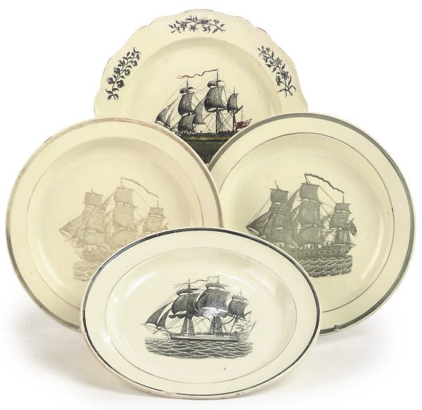 TWO SHORTHOSE & HEATH TRANSFER-PRINTED CREAMWARE PLATES AND TWO OTHERS
