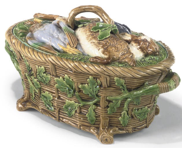 A MINTON MAJOLICA GAME-PIE DISH, COVER AND LINER