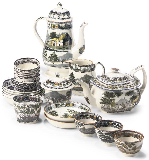 AN ENGLISH PEARLWARE COMPOSITE FALLOW DEER PATTERN PART TEA AND COFFEE SERVICE