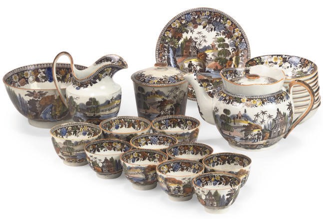 A STAFFORDSHIRE PEARLWARE TRANSFER-PRINTED COMPOSITE PART TEA SERVICE
