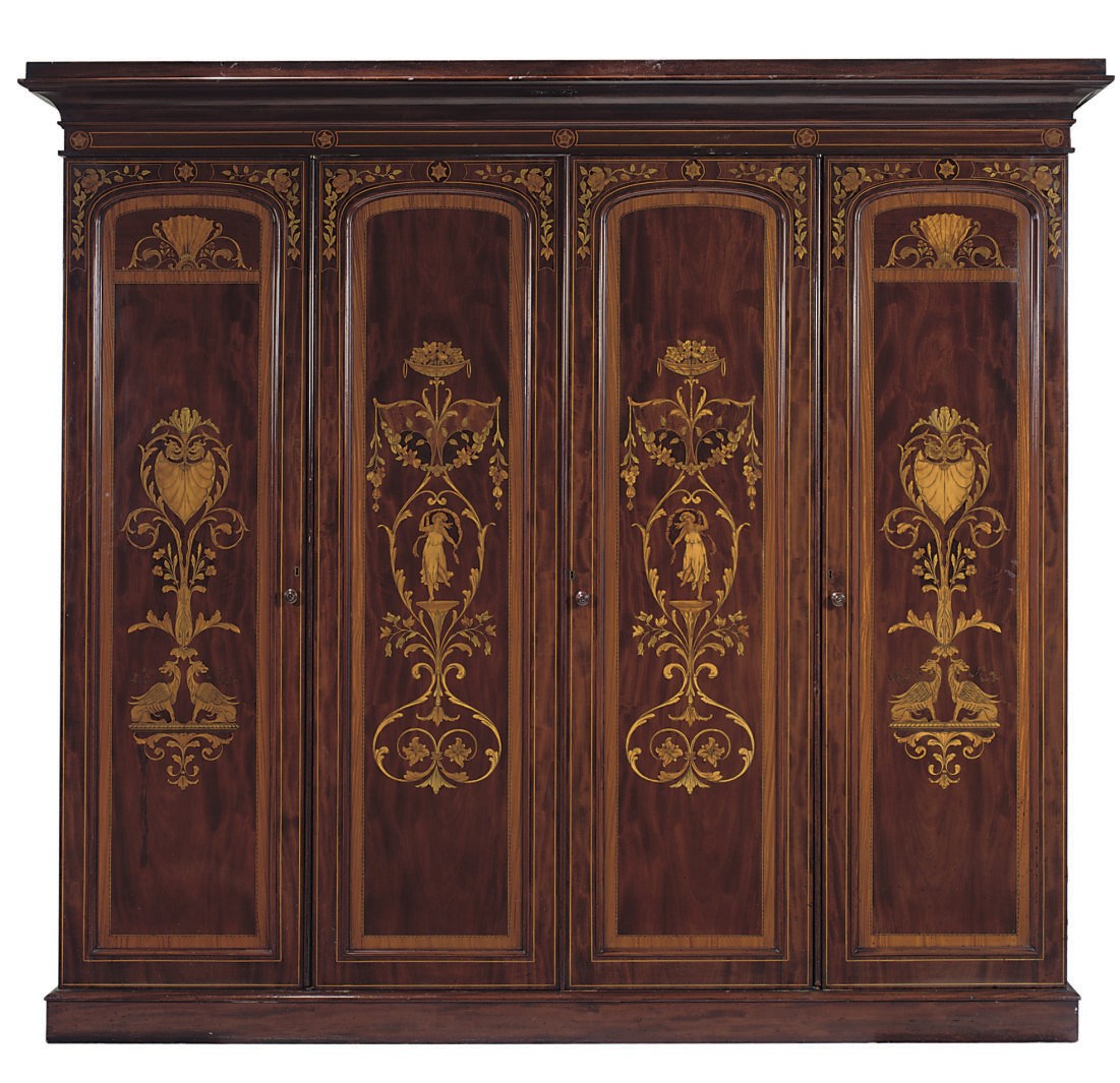 A VICTORIAN MAHOGANY, MARQUETRY AND SATINWOOD CROSSBANDED FOUR DOOR WARDROBE