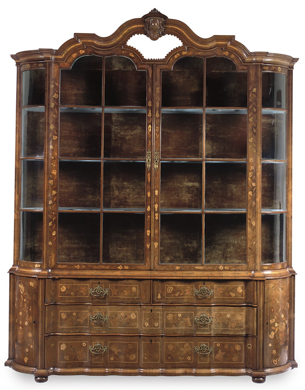 A DUTCH WALNUT AND FLORAL MARQUETRY DISPLAY CABINET