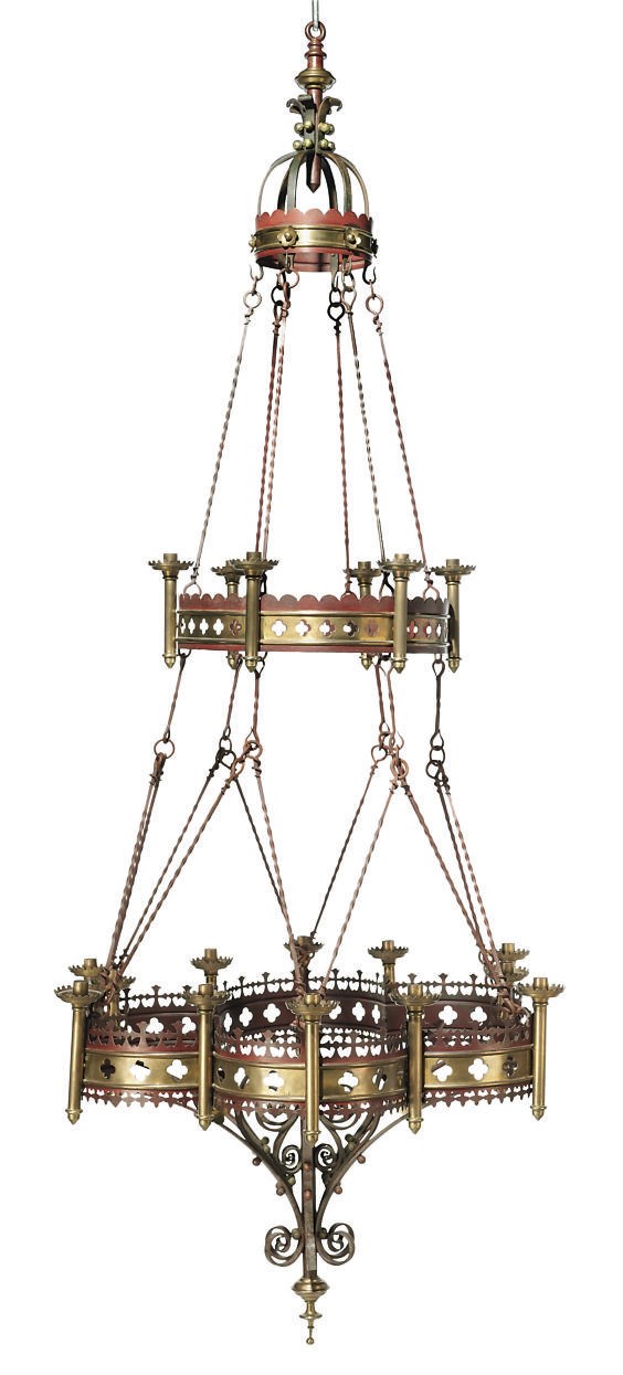 A WROUGHT IRON BRASS AND POLYCHROME DECORATED TWO-TIER EIGHTEEN LIGHT CHANDELIER