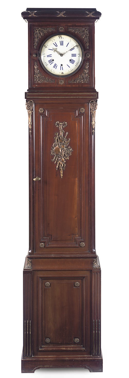 A FRENCH BRASS-MOUNTED MAHOGANY QUARTER STRIKING LONGCASE CLOCK