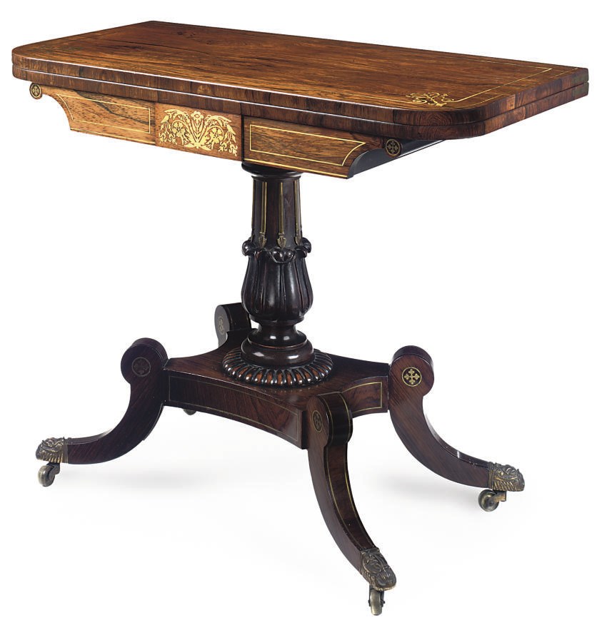 A REGENCY BRASS-INLAID ROSEWOOD AND GRAINED ROSEWOOD CARD TABLE
