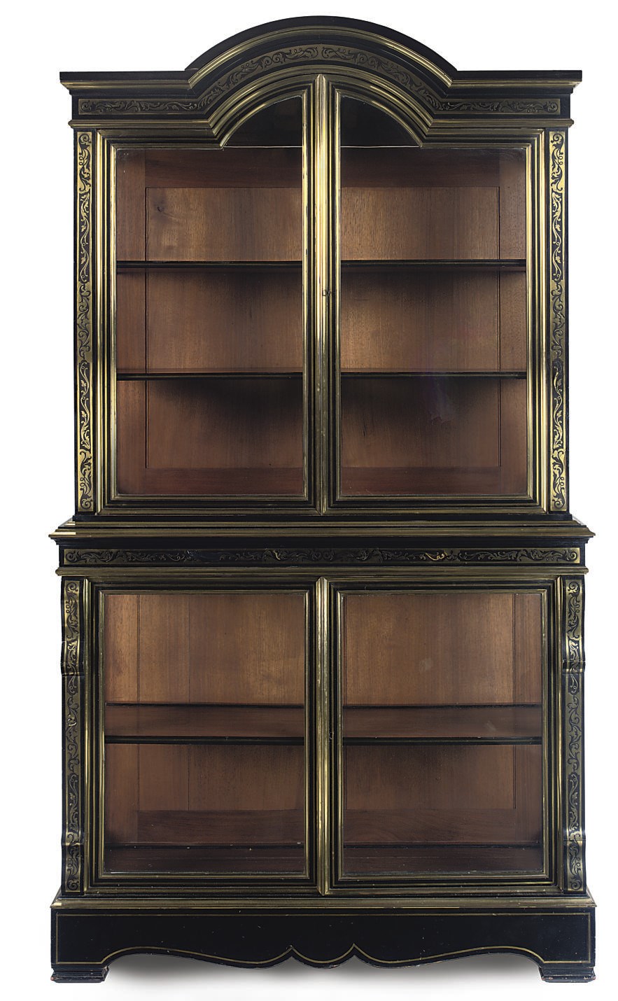 A VICTORIAN EBONISED, WALNUT AND BRASS INLAID DISPLAY CABINET