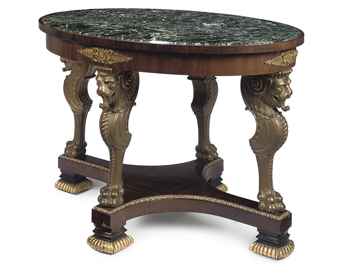 A FRENCH GILT-METAL MOUNTED PARCEL-GILT AND GOLD-PAINTED MAHOGANY CENTRE TABLE