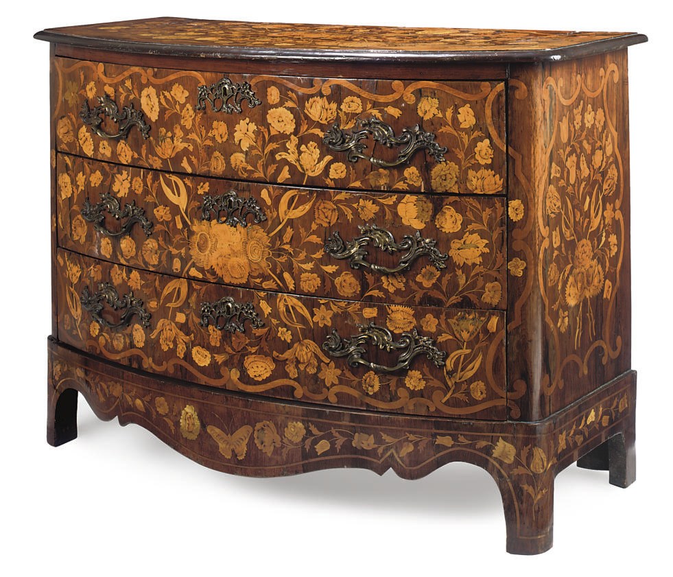 A DUTCH ROSEWOOD AND MARQUETRY BOW-FRONT COMMODE