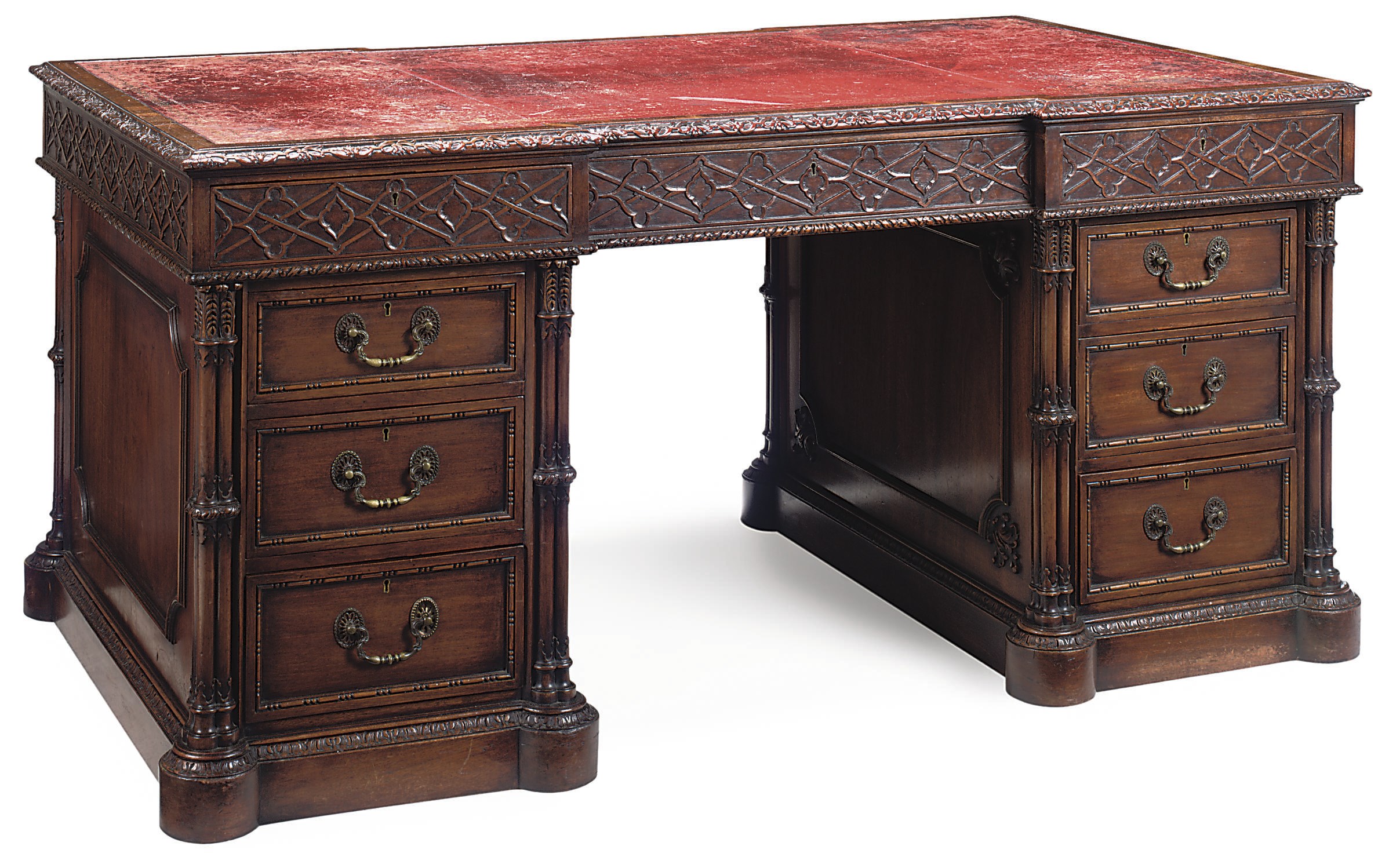 AN EDWARDIAN MAHOGANY PEDESTAL DESK