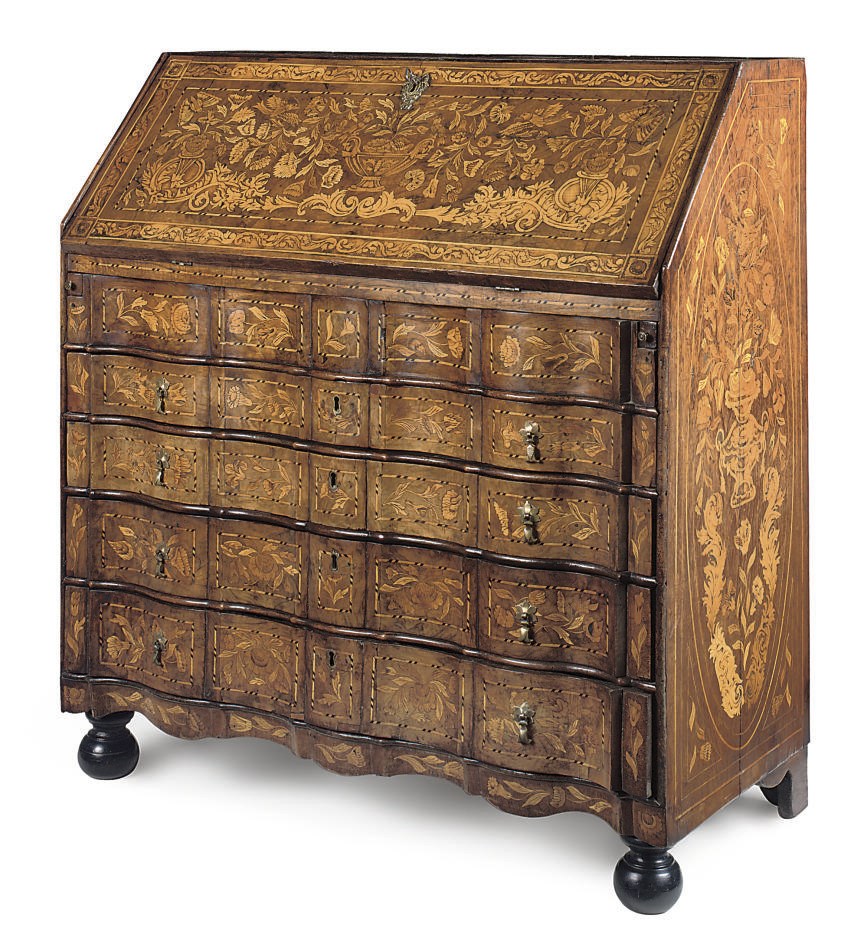 A DUTCH WALNUT MARQUETRY AND INLAID BUREAU