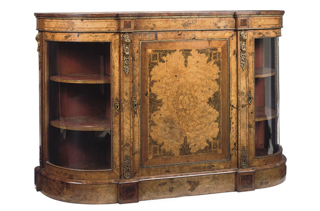 A VICTORIAN ORMOLU-MOUNTED BURR-WALNUT, AMBOYNA AND MARQUETRY CREDENZA