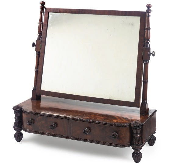 A REGENCY MAHOGANY CROSSBANDED TOILET MIRROR