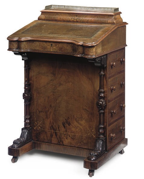 A VICTORIAN FIGURED WALNUT, WALNUT AND INLAID DAVENPORT