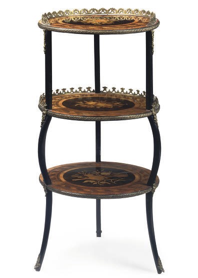 A FRENCH GILT-METAL MOUNTED KINGWOOD AND EBONISED MARQUETRY ETAGÈRE