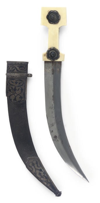 A RUSSIAN SILVER AND NIELLO MOUNTED IVORY HILTED DAGGER