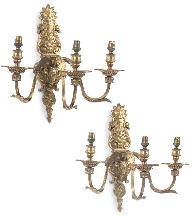 A PAIR OF FRENCH GILT-BRONZE THREE-BRANCH WALL APPLIQUES
