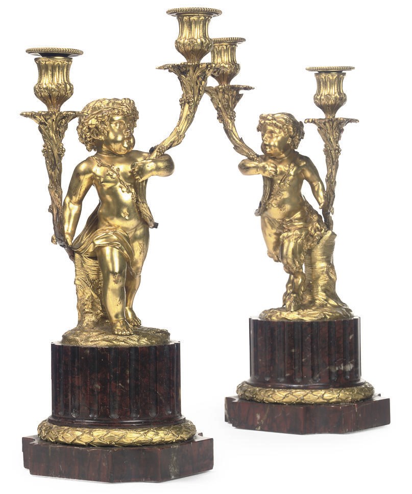 A PAIR OF FRENCH GILT-BRONZE AND ROUGE MARBLE TWO-BRANCH CANDELABRA