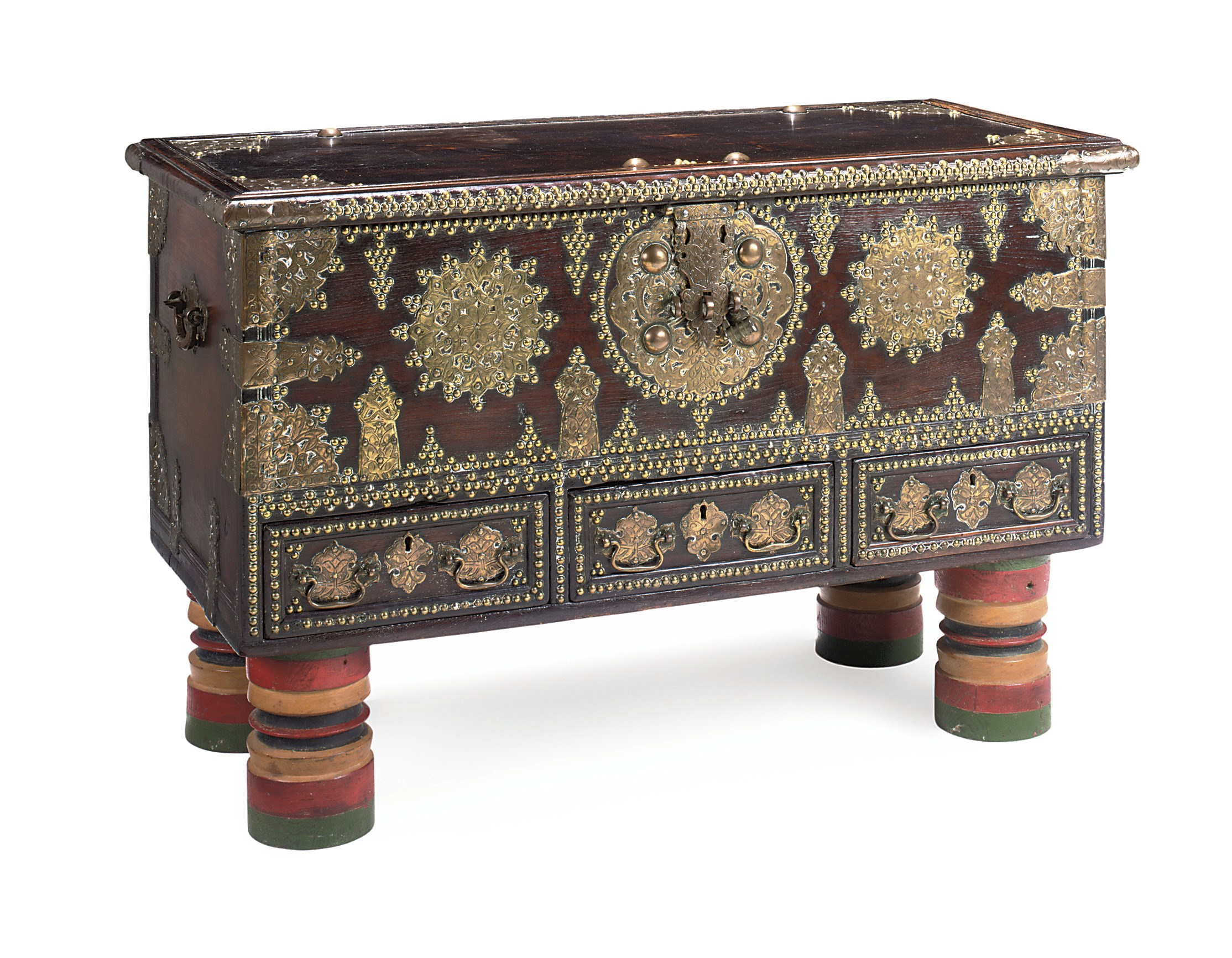 A SHIRAZ BRASS-MOUNTED TEAK ARAB CHEST