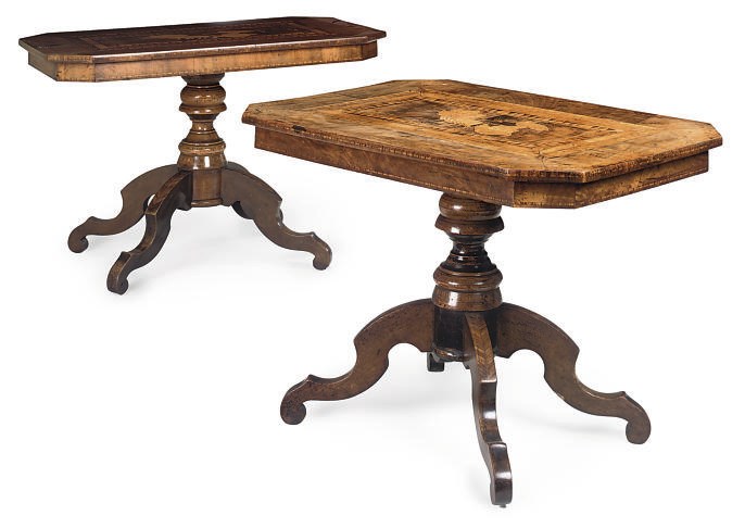 A MATCHED PAIR OF ITALIAN WALNUT FRUITWOOD AND PARQUETRY INLAID OCCASIONAL TABLES