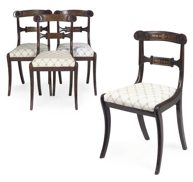 A SET OF FOUR REGENCY BRASS INLAID GRAINED ROSEWOOD DINING CHAIRS
