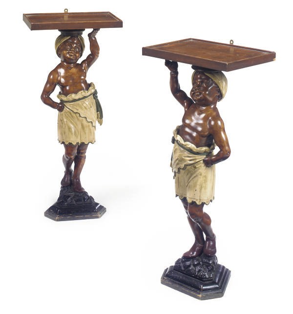 A PAIR OF ITALIAN POLYCHROME DECORATED BLACKAMOOR STANDS