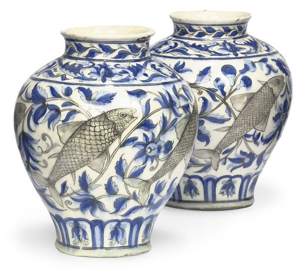 A PAIR OF QAJAR VASES WITH FISH DECORATION