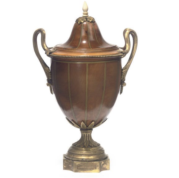 AN ORMOLU-MOUNTED FIELD-MAPLE AND INLAID ORNAMENTAL URN AND COVER