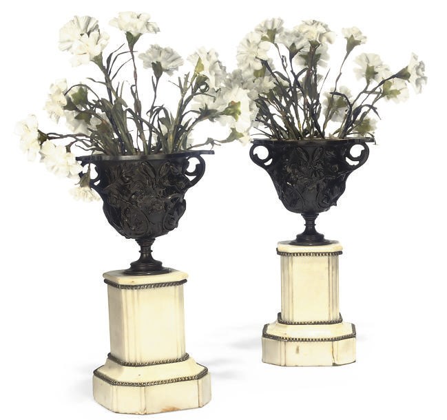 A PAIR OF FRENCH BRONZE TWO-HANDLED ORNAMENTAL VASES