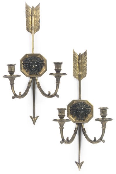A PAIR OF FRENCH BRONZE AND GILT-BRONZE TWO-BRANCH WALL APPLIQUES