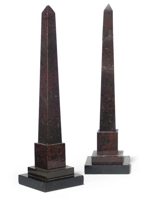 A PAIR OF ITALIAN RED SERPENTINE MARBLE OBELISKS