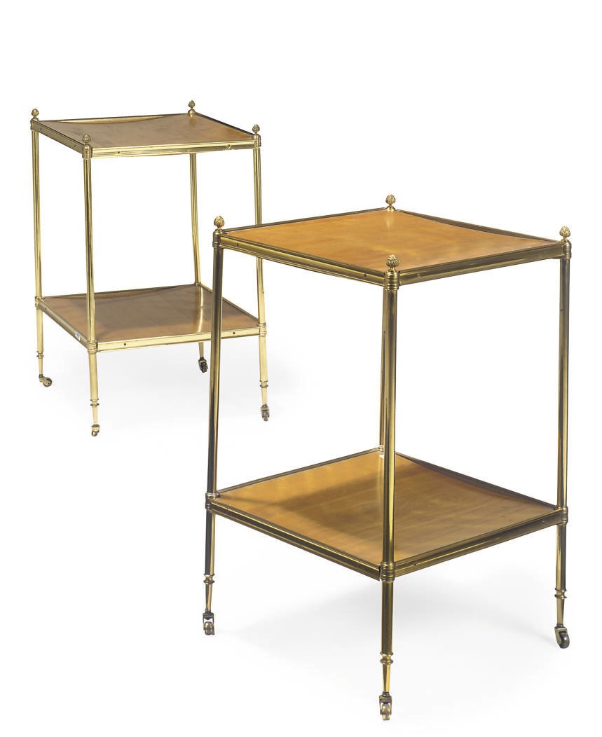 A PAIR OF EDWARDIAN BRASS AND SATINWOOD ETAGÈRES