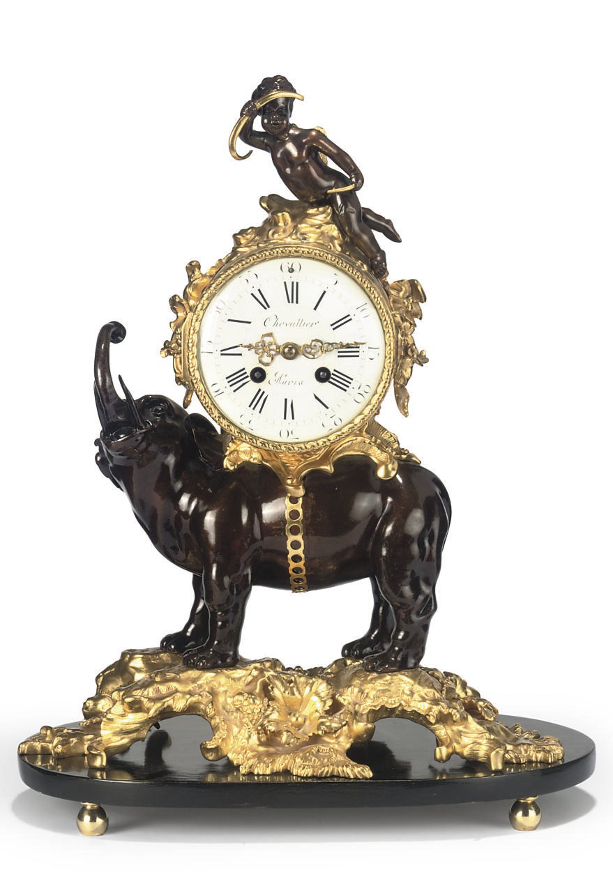 A FRENCH GILT AND PATINATED BRONZE EIGHT DAY STRIKING ELEPHANT CLOCK