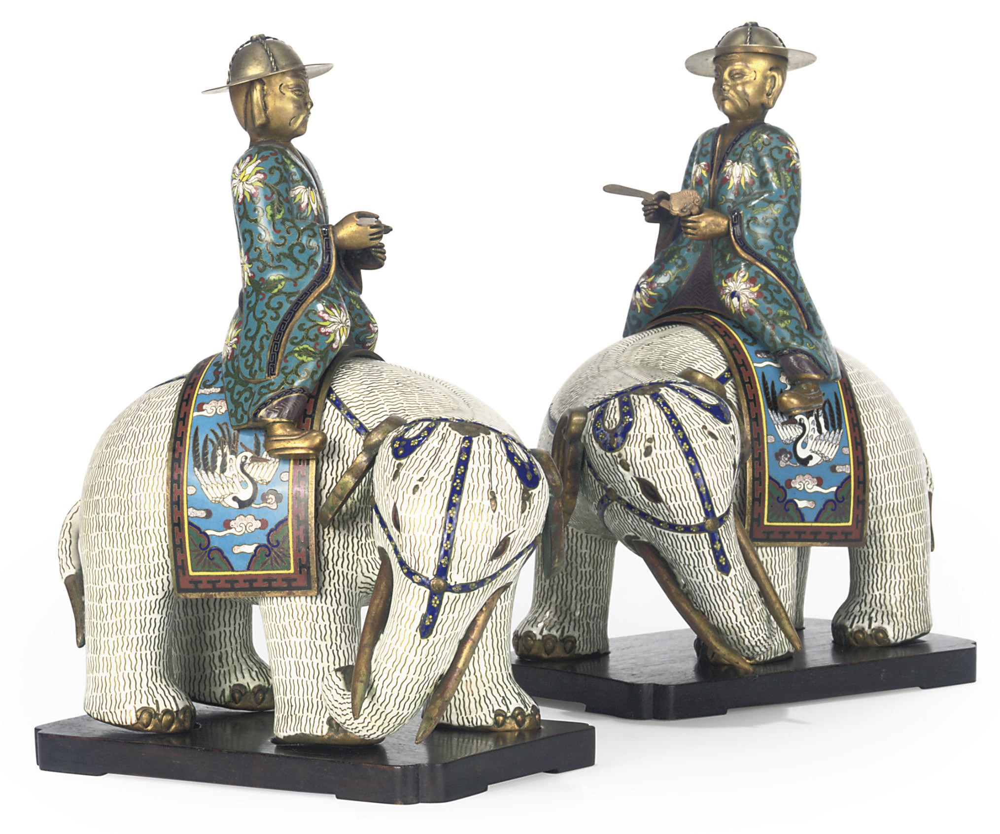 A PAIR OF CHINESE CLOISONNÉ ELEPHANTS AND RIDERS