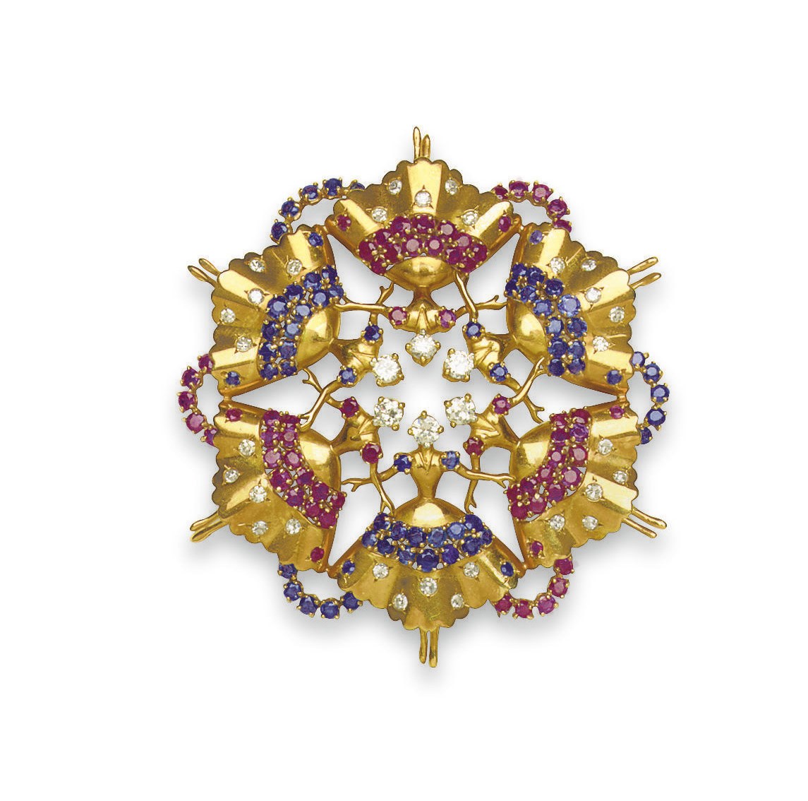 A RETRO DIAMOND, SAPPHIRE AND RUBY "ROCKETTE" BROOCH, BY JOHN RUBEL