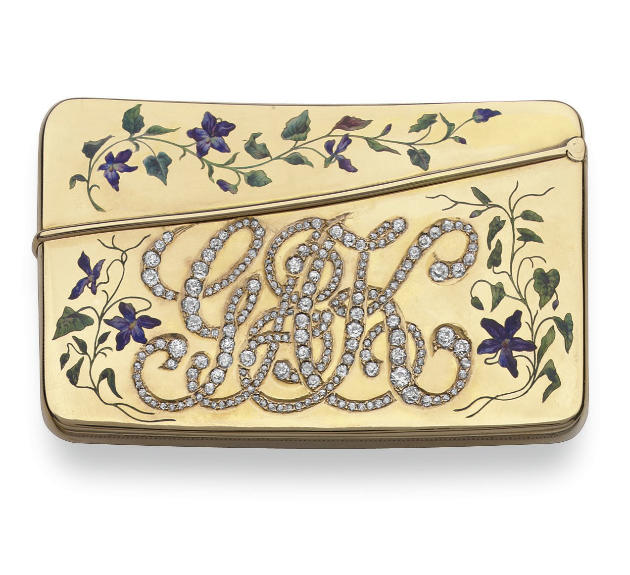 AN ANTIQUE ENAMEL, DIAMOND AND GOLD CARD CASE