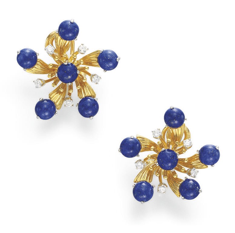A PAIR OF LAPIS LAZULI, DIAMOND AND GOLD EAR CLIPS, BY JEAN SCHLUMBERGER, TIFFANY & CO.