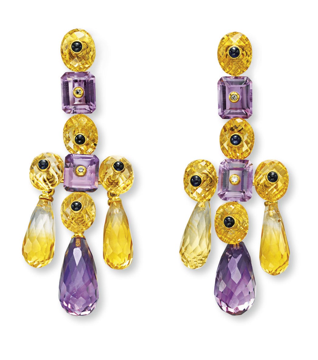 A PAIR OF AMETHYST, CITRINE AND SAPPHIRE EAR PENDANTS, BY PRINCE DIMITRI