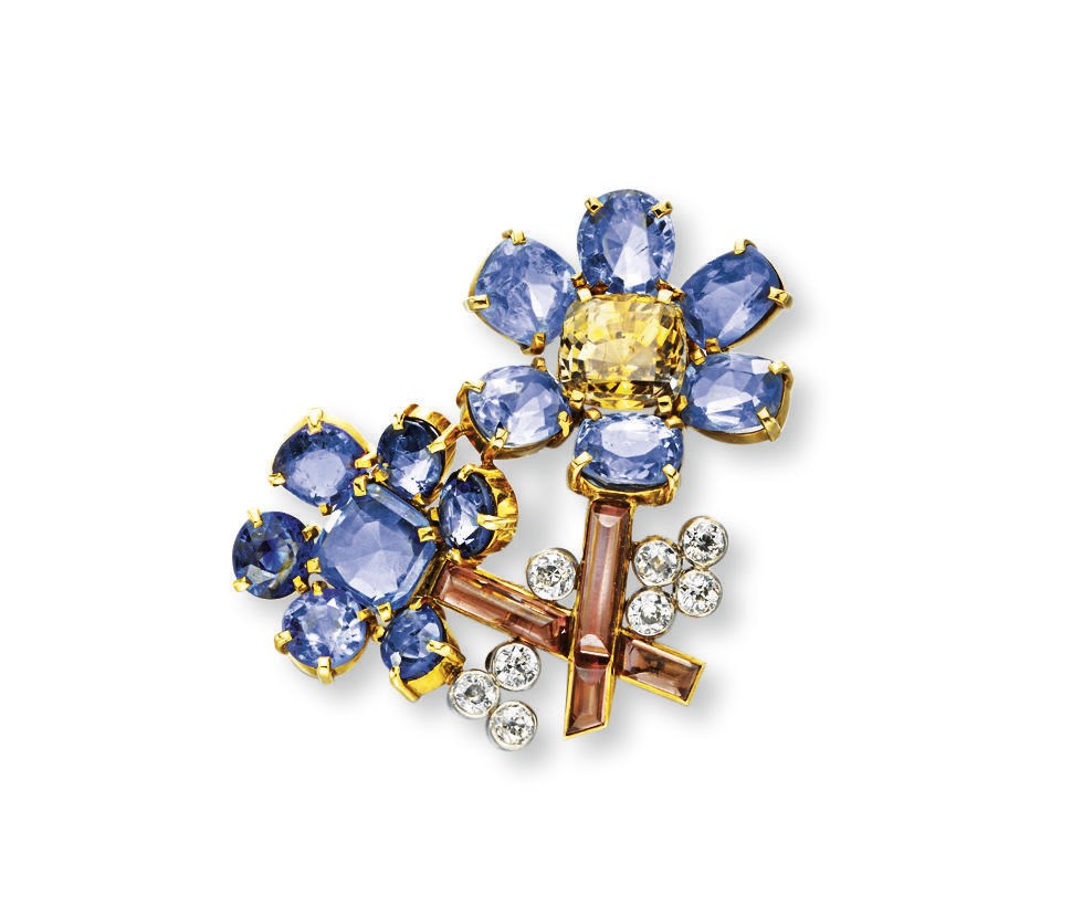 A MULTI-COLORED SAPPHIRE, TOURMALINE AND DIAMOND FLOWER BROOCH, BY CARTIER