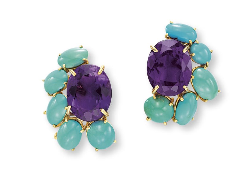 A PAIR OF AMETHYST AND TURQUOISE EAR CLIPS, BY DAVID WEBB